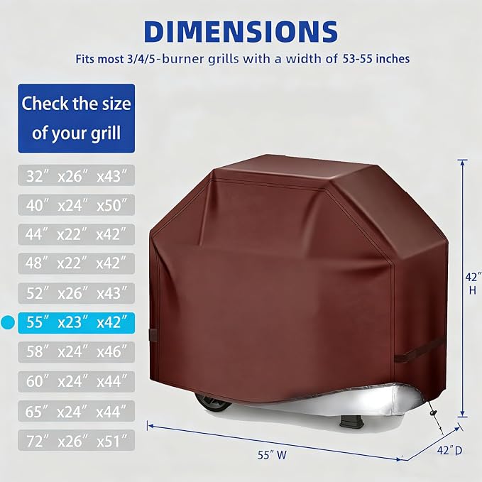 BBQ Gas Grill Cover for Outdoor, Anti-UV, Rip-Proof, 600D Oxford Fade Resistant Material, Barbecue Cover with Hook and Loop Straps & Adjustable Hem Drawstring (Reddish Brown, 55”x23”x42”)
