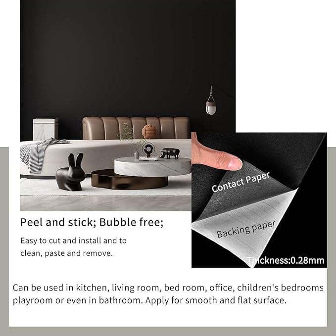 FUKU MON 24"x394" Black Wallpaper Peel and Stick Black Contact Paper Matte
