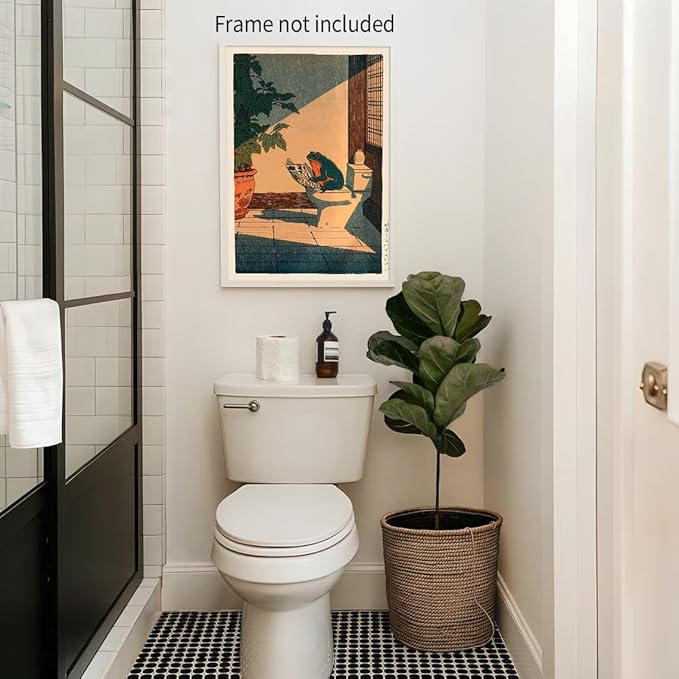 Heltrappe Vintage Japanese Wall Art Funny Frog Bathroom Canvas Print Cute