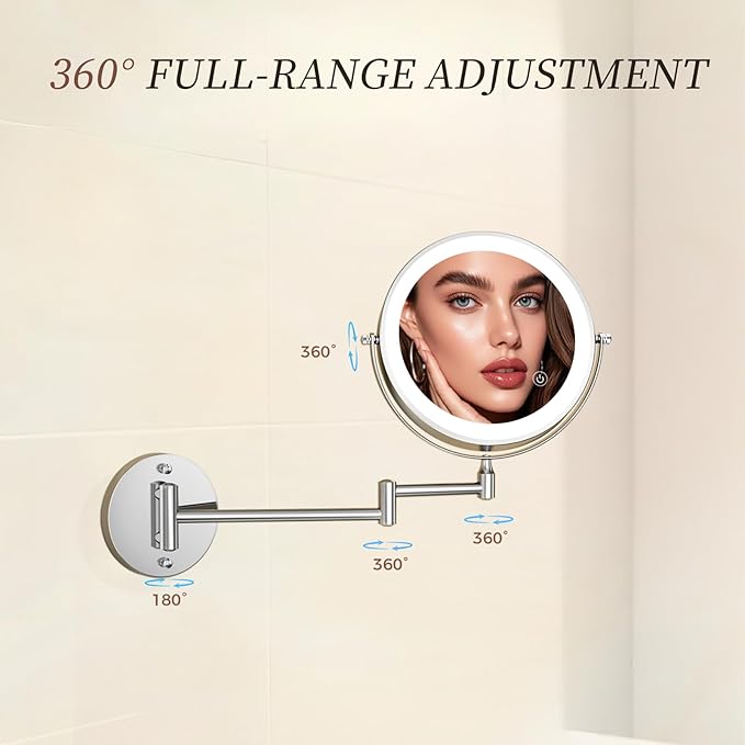 Rocollos Rechargeable Wall Mounted Lighted Makeup Mirror Chrome, 8 Inch