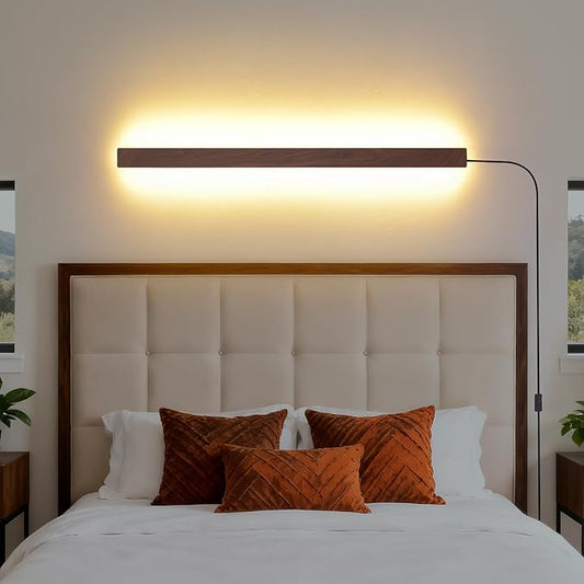 KELUOLY Farmhouse Plug in Long Wall Sconce, 31.4 inch Faux Walnut Finish LED
