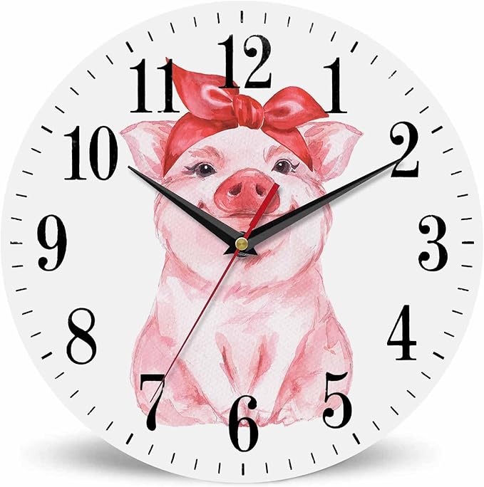 Mxocom Pink Pig Wall Clock Funny Cartoon Pig Wearing Red Bandana 10 Inch Silent