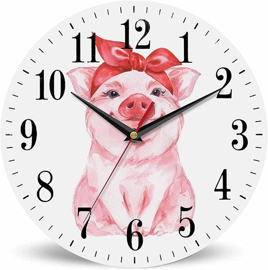 Mxocom Pink Pig Wall Clock Funny Cartoon Pig Wearing Red Bandana 10 Inch Silent