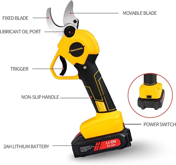 21v Electric Pruning Shears, 1.6" (40mm) Cutting Diameter Pruning Shears for Gardening Branch Cutter with Replacement Blade Set, 2 Batteries and Charger