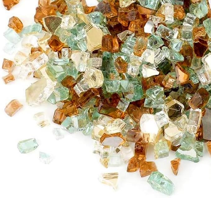 Mr. Fireglass Blended Reflective Fire Glass for Fire Pit Fireplace and Landscaping, 10 Pounds 1/4 Inch Mixed Colored High Luster Fireglass Rocks for Outdoor and Indoor Use Copper+Gold+Light Green