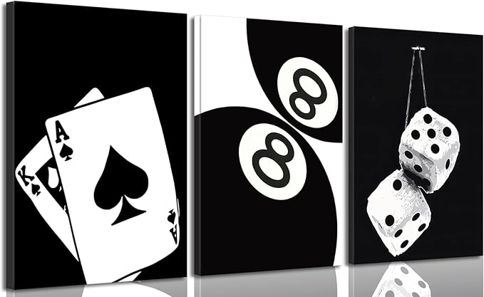 BOKPEN 3Pcs Black and White Poker Dice Canvas Wall Art Lucky You Poster Prints