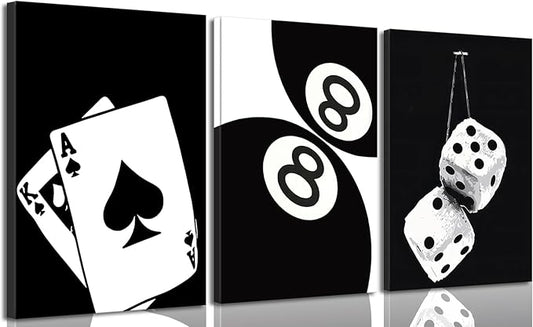 BOKPEN 3Pcs Black and White Poker Dice Canvas Wall Art Lucky You Poster Prints