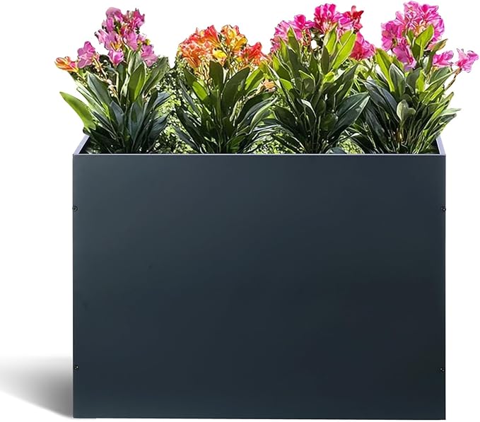 BAYN Metal Rectangular Planter Box Tall Planters for Outdoor Plants Modern Heavy Duty with Drainage Holes for Outside Indoor Patio Deck - Grey, 32âx 12âx 24â