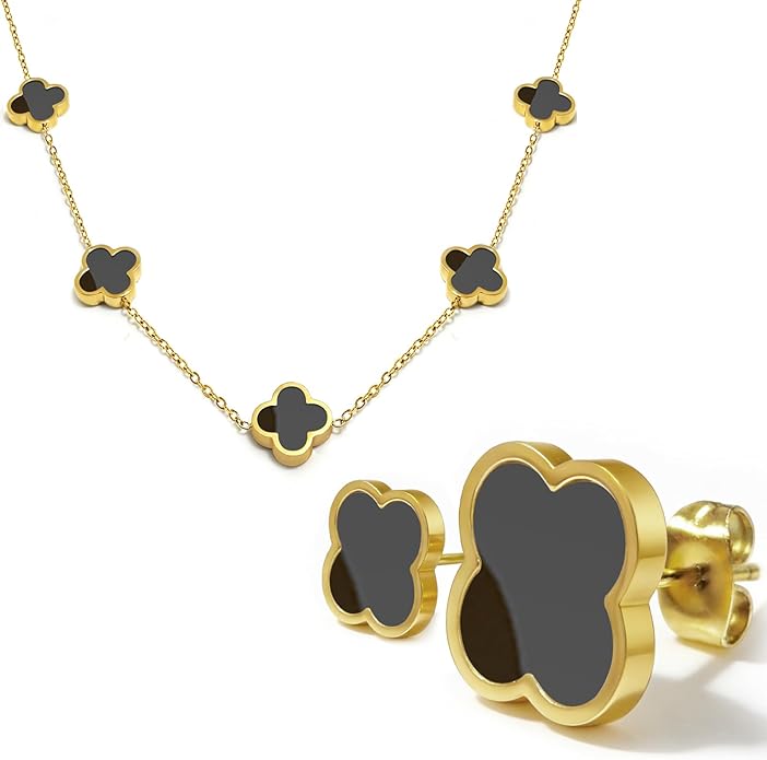 AimÃ©tte Monette 18K Gold Plated Jewelry Set Clover Necklace Stud Earrings for Women Hypoallergenic Lucky Clover Pendant Necklace Gold Bracelets for Women Gifts