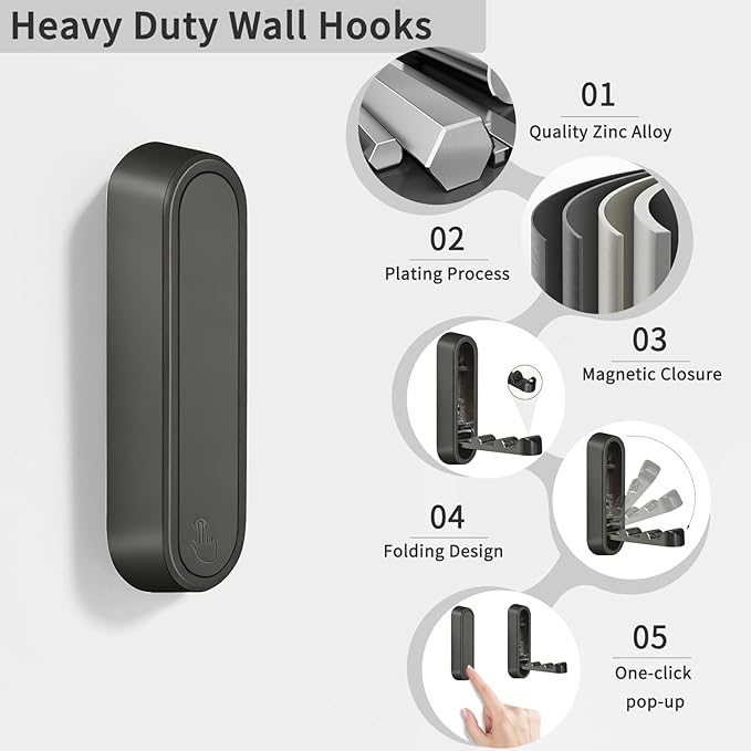 6PCS Foldable Wall Hooks, Zinc Alloy Flip Down Hooks, Retractable Wall Hooks