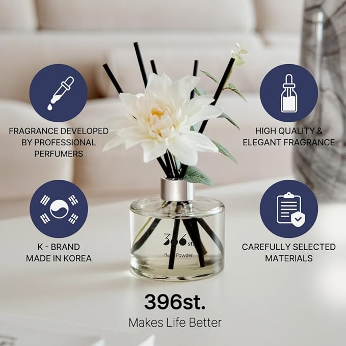 396 st. Dahlia Flower Reed Diffuser, Baby Powder, 200ml(6.7oz) / Reed Diffuser Sets, Home Fragrance, Scented Oils, Home & Bathroom Décor