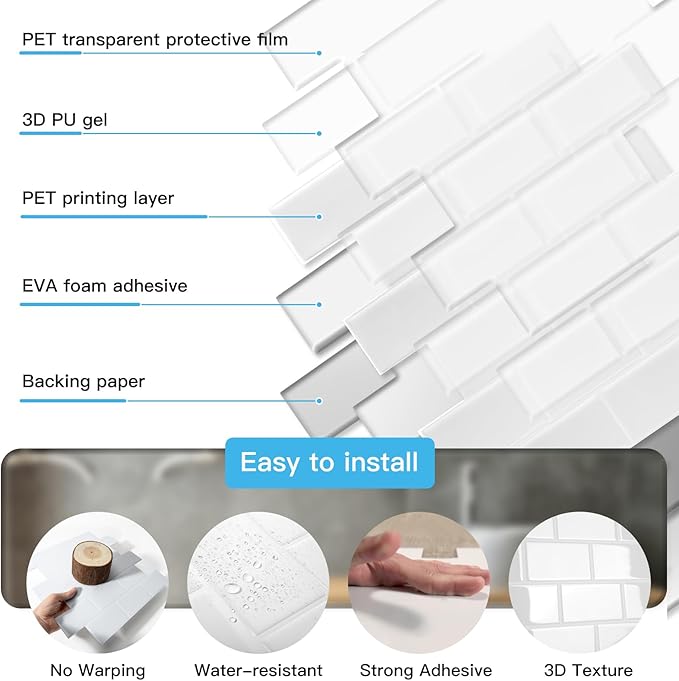 Art3d Peel and Stick Backsplash Tiles – 12"x12" White Washed Thicker Design