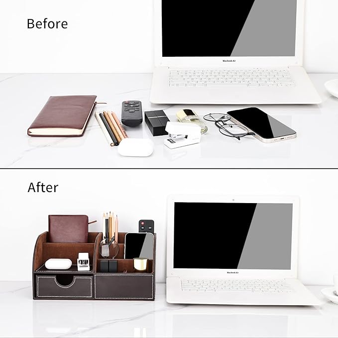 KINGFOM Pu Leather Desk Organizer Pen Pencil Holder Office Supplies Caddy Storage Box 6 Compartments with Drawer Brown