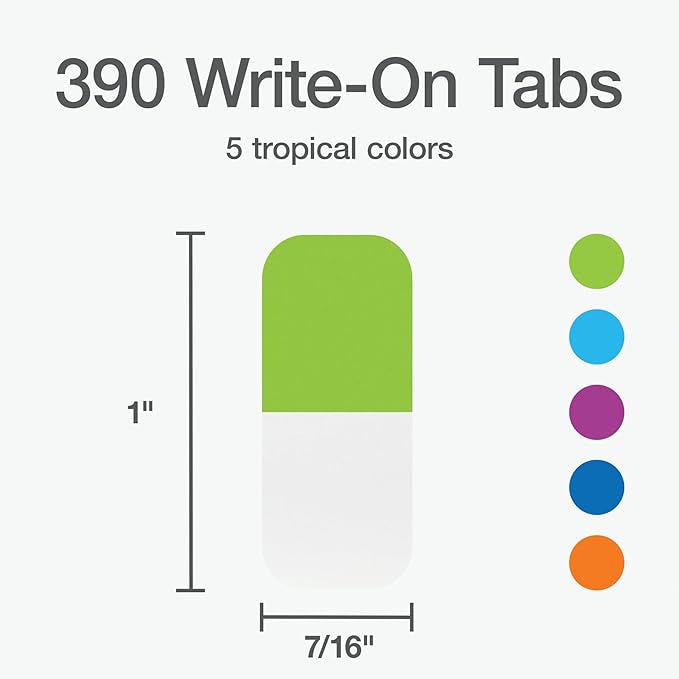 Redi-Tag Write-On Tabs, Permanent Adhesive Index Tabs, Tropical Colors: Purple, Green, Blue, Dark Blue, Orange, 1" x 7/16", 390 Pack (1009305)