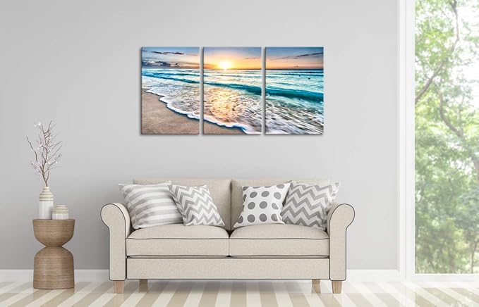Wieco Art 3 Panels Blue Beach Sunrise White Wave Pictures on Canvas Wall Art