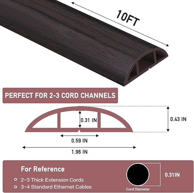 Floor Cord Cover Self Adhesive Cord Hider Floor Extension Cord Covers for Floor Power Cord Protector Cable Management Prevent Cable Trips Cable Cavity 0.59" W x 0.31" H (Dark Walnut, 10Ft)