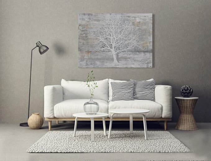 Yihui Arts Tree Of Life Canvas Wall Art Hand Painted Grey White Beige Paintings