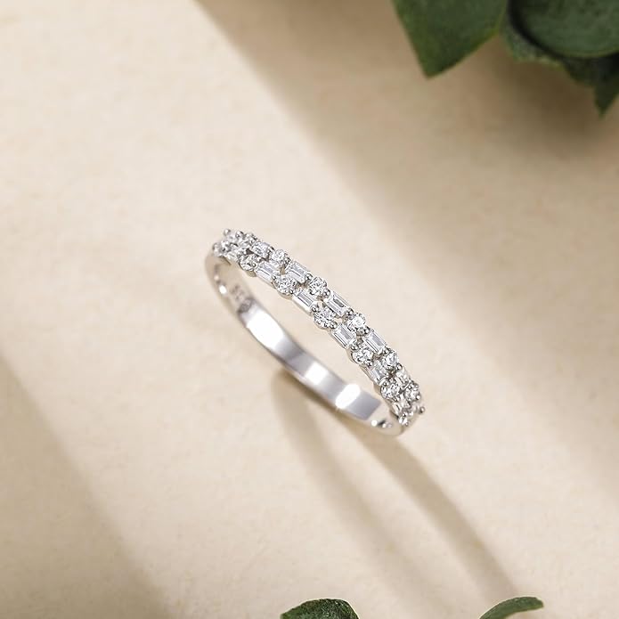 EAMTI 925 Sterling Silver Wedding Bands for Women Baguette Round Cubic Zirconia Two-Row Eternity Band Stackable Engagement Rings Size 4-10