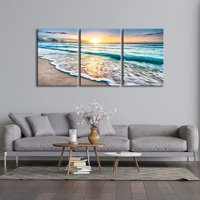 Wieco Art 3 Panels Blue Beach Sunrise White Wave Pictures on Canvas Wall Art