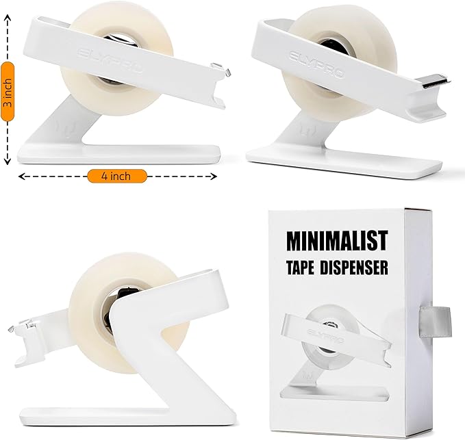 ELYPRO Modern Tape Dispenser for Office Desk - Elegant and Minimalist Design, Heavy Metal Made, Space-Saving, Perfect for Office & Home Use or as a Stylish Gift - Bonus Tape Roll Included (White)