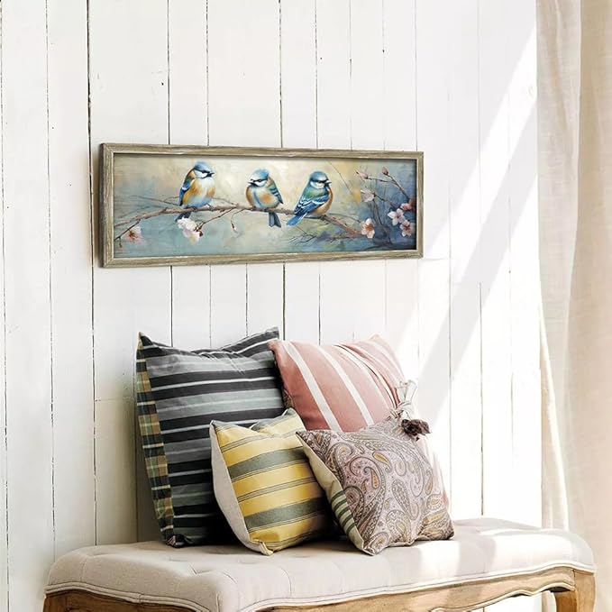 Rustic BlueBird Wooden Wall Art: Colorful Bird Framed Painting Vintage Sparrow Picture Cute Chickadee on Flower Branch Prints Countryside Artwork Decor for Living Room Bedroom Farmhouse