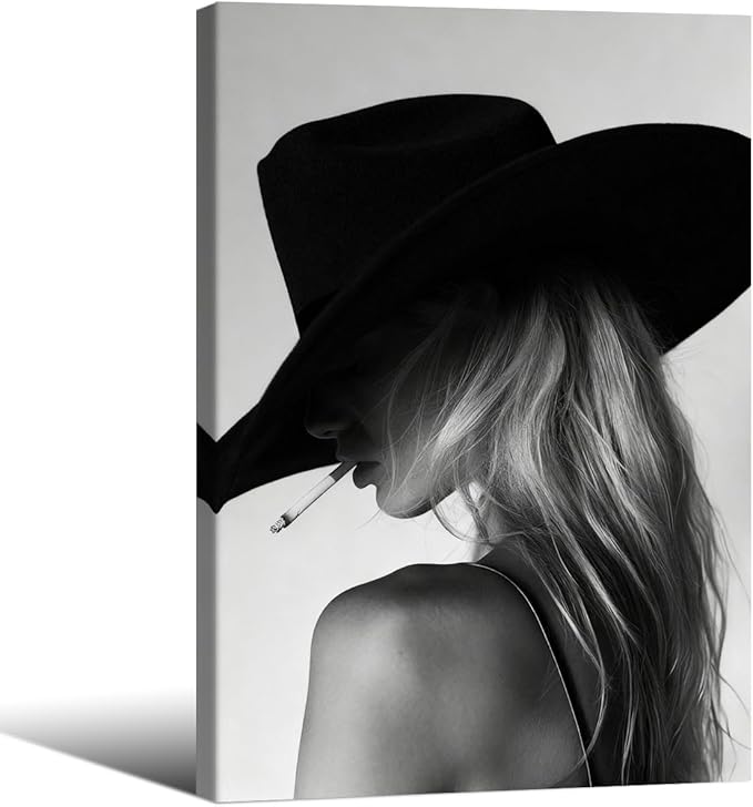FuSatisYilife Trendy Black And White Framed Wall Art Cool Western Woman Smoking