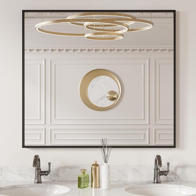 LOAAO 40"X36" Black Rectangle Bathroom Mirror Wall, Matte Black Aluminum Alloy