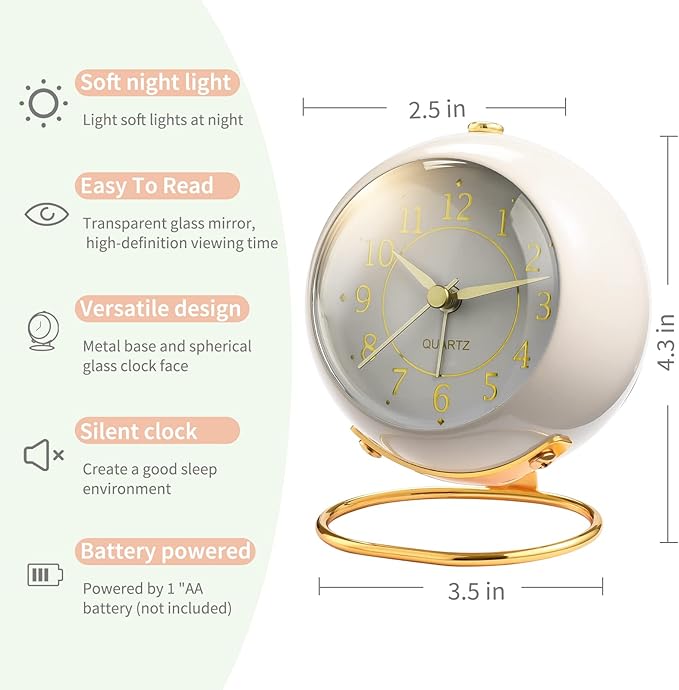 Tetino Analog Alarm Clocks,Retro Backlight Cute Simple Design Small Desk Clock with Night Light,Silent Non-Ticking,Battery Powered,for Kids,Bedroom,Travel,Kitchen,Bedside Desktop. (Black)