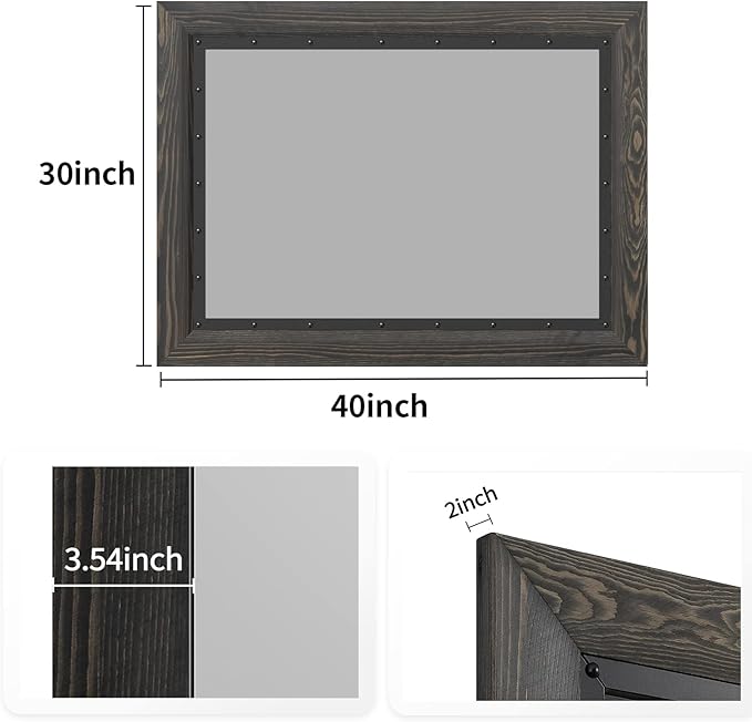 YOSHOOT Rustic Wooden Framed Wall Mirror, 40x30 Inch, Natural Wood and Iron