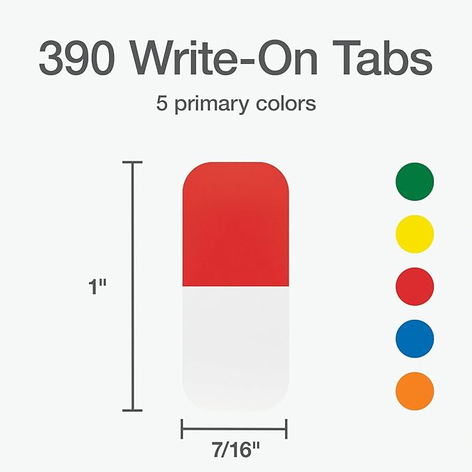 Redi-Tag Write-On Tabs, Permanent Adhesive Index Tabs, Assorted Primary Colors: Yellow, Orange, Red, Blue and Green, 1" x 7/16", 390 Pack (1009303)