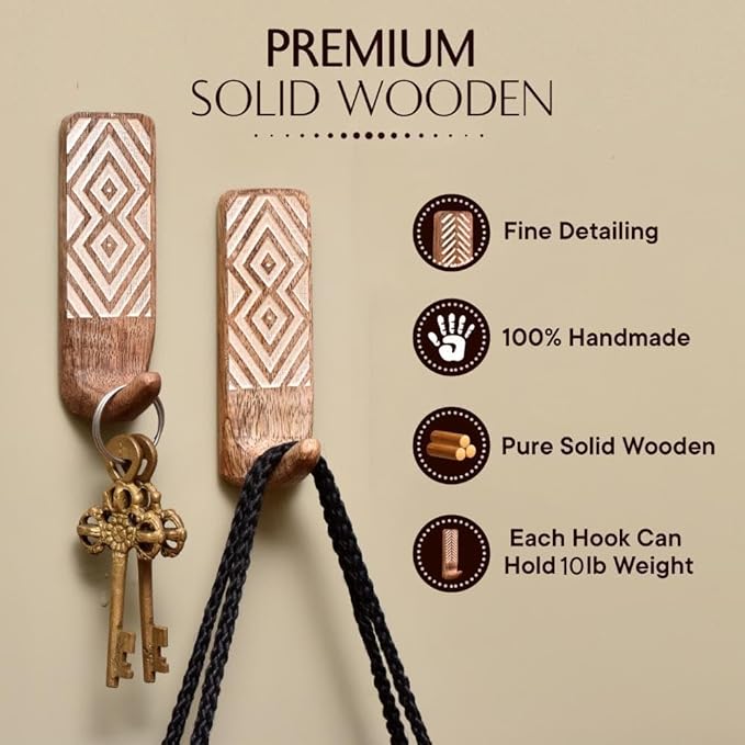 IndianShelf 10 LB- 6 Pieces Decorative Wood Adhesive Wall Hooks–Boho Peel and