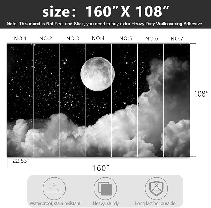 -Gray Galaxy Universe Moon Fabric Wallpaper Ceiling Starry Night White Clouds