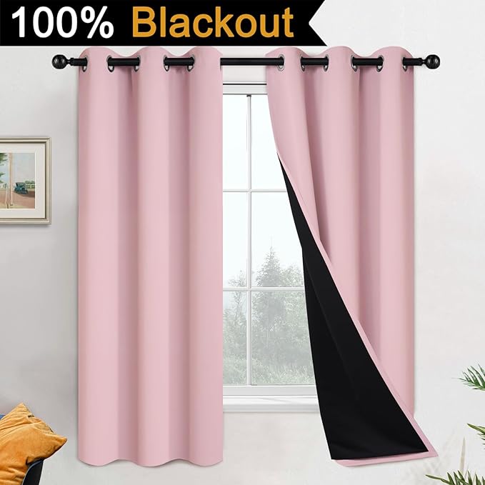 Yakamok Full Blackout Curtains 63 Inches Long, 2 Thick Layers Grommet Top