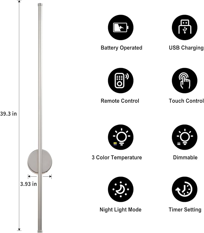 Battery Operated Modern Wall Sconces, Dimmable Wireless Wall Light Set of Two