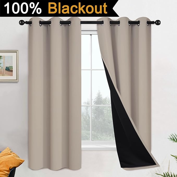 Yakamok 100% Blackout Curtains 63 Inches Long, 2 Thick Layers Heat and Full