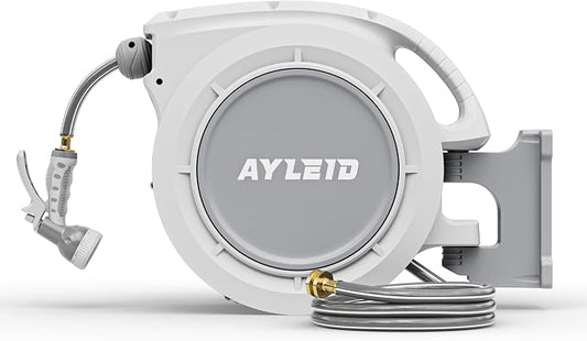 Ayleid Retractable Rubber Hybrid Garden Hose Reel, 1/2"x100ft Wall Mount | Anti-freeze, kink-free premium rubber hybrid hose, 24-month warranty, 9-pattern sprayer, any-length lock, slow auto-return.
