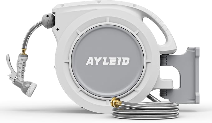 Ayleid Retractable Rubber Hybrid Garden Hose Reel, 1/2"x65ft Wall Mount | Anti-freeze, kink-free premium rubber hybrid hose, 24-month warranty, 9-pattern sprayer, any-length lock, slow auto-return.