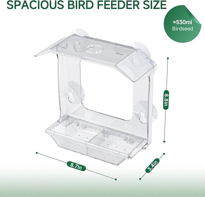 Window Bird Feeder with 4 Extra Strong Suction Cups, Clear Bird Feeder with Dual Seed Tray, Easy to Install & Clean, Birdfeeder for Viewing Wild Birds, Bird Watching Gift, Garden Decor