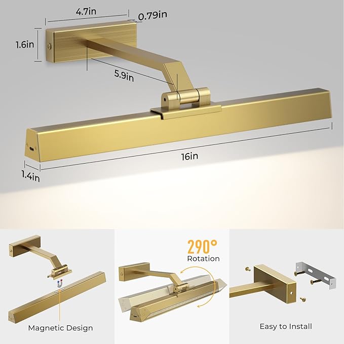 Afyuol Picture Lights for Wall, Brushed Gold Battery Operated Picture Light