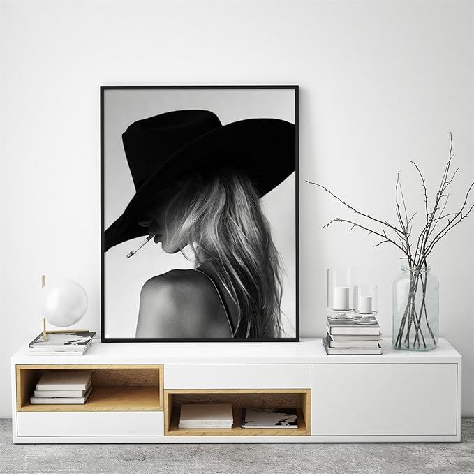 Trendy Black And White Black Framed Wall Art Cool Western Woman Smoking Prints