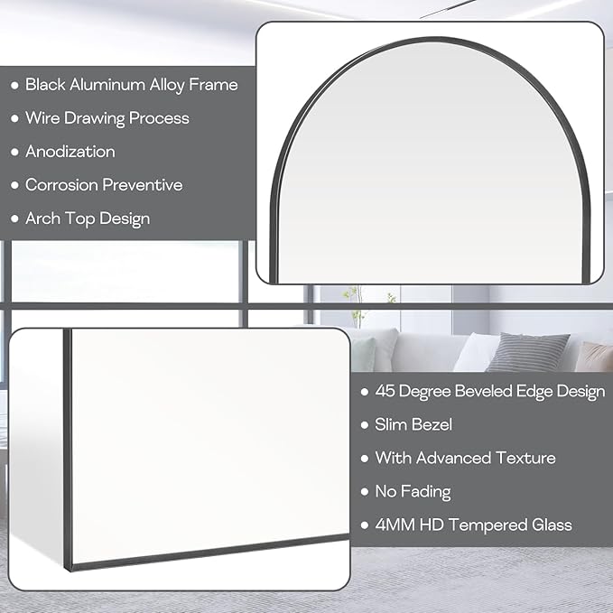 24" x 32" Black Arched Mirror, Arch Wall Mirror, Metal Frame Black Bathroom