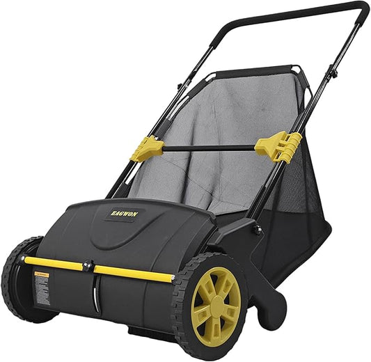 Push Lawn Sweeper, 21-Inch Width, 3.5 Cu. Ft. Hopper Capacity, 4 Spinning Brushes, Adjustable Height, Durable Steel Frame with Rubber Wheels, Yellow