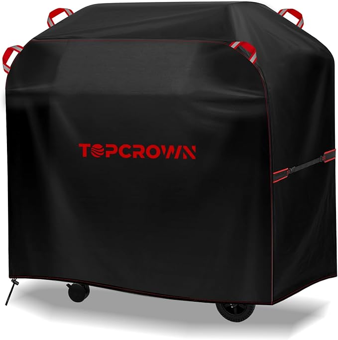 TOPCROWN Grill Cover for Outdoor Grill, BBQ Gas Grill Waterproof Anti-UV Oxford Fabric Windproof Design with Adjustable Straps, Fits Weber/Char-Broil/Nexgrill and More (420D Black+Red, 68" - 75")