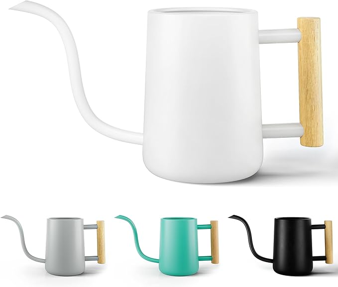35 oz Metal Small Indoor Watering Can with Long Spout & Real Wood Handle for House Plants, Succulents, Cacti & Seedlings - White Long Spout Watering Can Indoor Plants - Stylish, Gentle Flow, No Spills