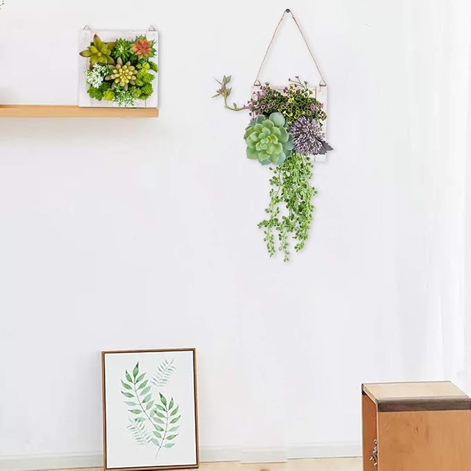 Hanging Wall Artificial Plants for Home Decor Indoor Faux Succulents in Wooden