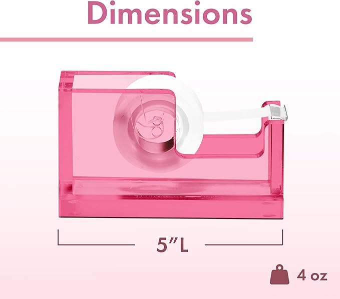 OfficeGoods Acrylic Tape Dispenser – Modern Desk Organizer for Office Supplies – Heavy Duty Refillable Tape Holder for Home and School Crafting – Stylish Desktop Accessory for Gift Wrapping, Pink