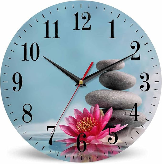 Mxocom Meditation Wall Clock Water Lily and Zen Stone Natural Still Relax 10