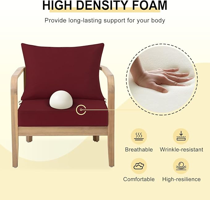 downluxe Outdoor Chair Cushions 22x22 with Removable Cover, Waterproof Patio Furniture Cushions, Deep Seat Cushions for Outdoor Furniture with Backrest for Sofa, Couch and Patio Chairs, Burgundy