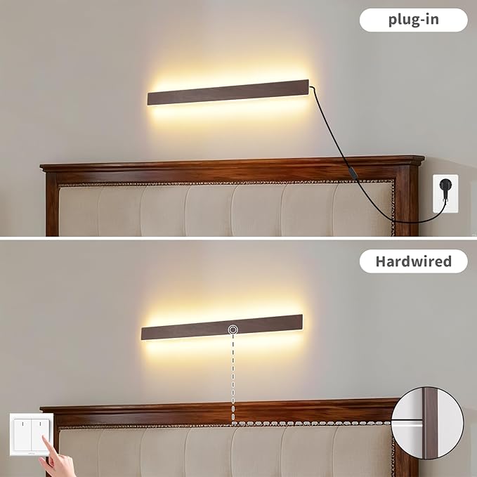Farmhouse Plug in Wall Sconces, 23.6 inch Faux Walnut Finish LED Long Wall