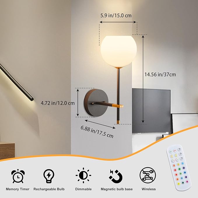 Black Gold Battery Operated Wall Sconces Set of 2, Rechargeable Wireless Wall